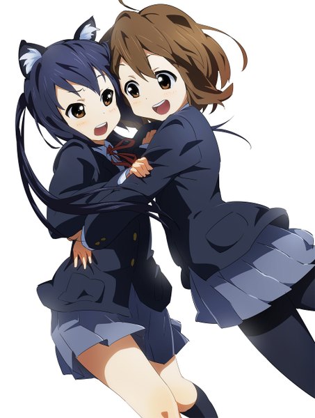 Anime picture 1000x1322 with k-on! kyoto animation hirasawa yui nakano azusa bun150 long hair tall image blush short hair open mouth black hair simple background brown hair white background twintails multiple girls brown eyes animal ears cat ears hug