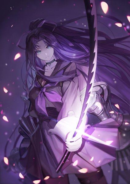 Anime picture 2480x3508 with forever 7th capital kachigo (forever 7th capital) chicken (dalg-idalg) single tall image looking at viewer highres blue eyes standing purple hair ponytail very long hair girl uniform ribbon (ribbons) weapon hair ribbon sword choker serafuku