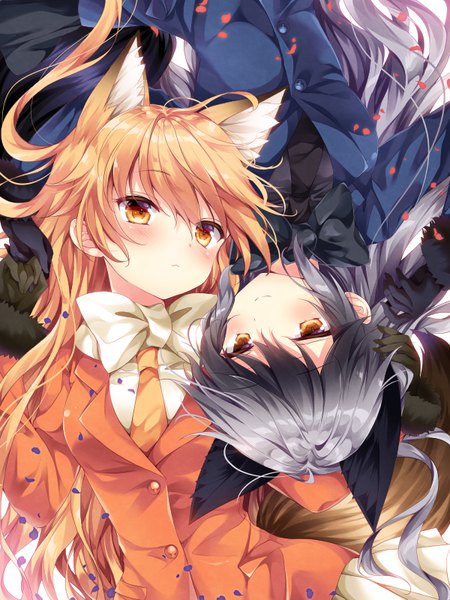Anime picture 600x800 with kemono friends ezo red fox (kemono friends) silver fox (kemono friends) nogi takayoshi long hair tall image looking at viewer blush fringe blonde hair smile hair between eyes multiple girls brown eyes animal ears upper body tail lying animal tail grey hair