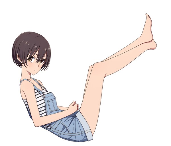 Anime picture 1721x1474 with original yahiro (epicopeiidae) single looking at viewer fringe highres short hair simple background hair between eyes brown hair white background brown eyes full body barefoot sleeveless legs up girl overalls