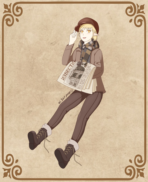 Anime picture 2440x3000 with original alina saprykina single tall image looking at viewer highres short hair open mouth simple background blonde hair signed yellow eyes :d pointy ears elf framed brown background lace-up boots boy hat