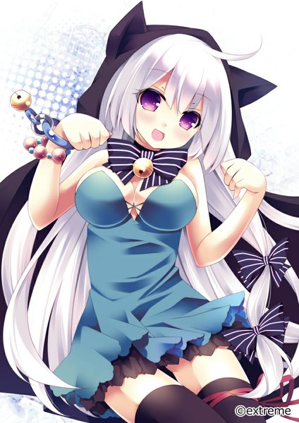 Anime picture 700x990 with original kanora single long hair tall image blush open mouth smile white background purple eyes ahoge white hair :d bell collar girl thighhighs dress bow ribbon (ribbons) black thighhighs