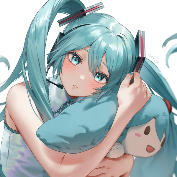 Anime picture 1098x1098 with vocaloid hatsune miku ay6as single long hair looking at viewer blush fringe simple background hair between eyes white background twintails signed nail polish parted lips aqua eyes aqua hair sleeveless twitter username aqua nail polish
