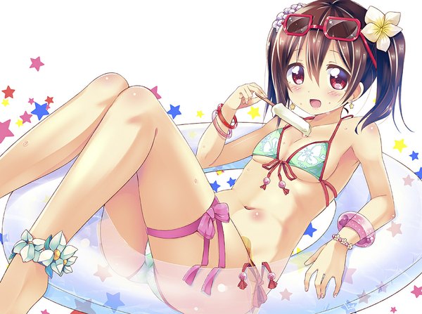 Anime picture 1000x746 with love live! school idol project sunrise (studio) love live! yazawa nico kurou (quadruple zero) looking at viewer blush short hair open mouth light erotic black hair red eyes twintails hair flower short twintails girl navel hair ornament flower (flowers) swimsuit