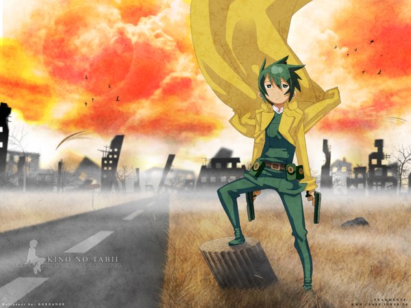 Anime picture 1600x1200 with kino no tabi kino (kino no tabi) korganos single looking at viewer short hair holding green eyes signed sky cloud (clouds) full body outdoors green hair copyright name dual wielding ruins derivative work abandoned girl