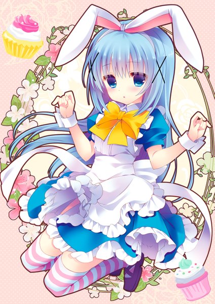 Anime picture 1061x1500 with gochuumon wa usagi desu ka? white fox kafuu chino takachina single long hair tall image looking at viewer blush blue eyes animal ears blue hair bunny ears girl thighhighs dress flower (flowers) x hair ornament striped thighhighs