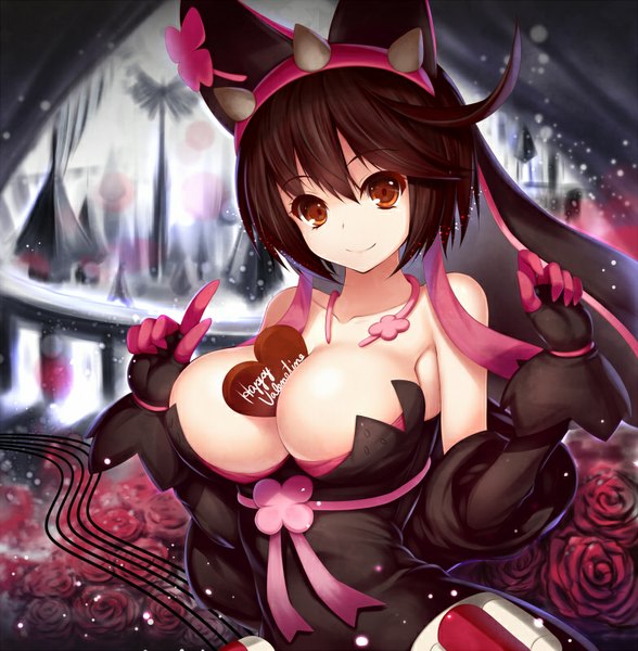 Anime picture 784x800 with maburaho guilty gear guilty gear xrd j.c. staff elphelt valentine migumigu single tall image looking at viewer fringe short hair breasts light erotic smile brown hair large breasts brown eyes animal ears blurry fake animal ears