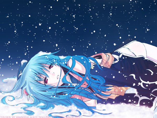 Anime picture 1600x1200 with touhou hinanawi tenshi eretto single long hair red eyes blue hair lying on side snowing winter snow girl