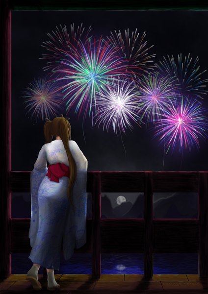 Anime picture 2480x3508 with original erng.h single long hair tall image highres brown hair standing twintails signed full body traditional clothes japanese clothes from behind night dated reflection mountain fireworks girl
