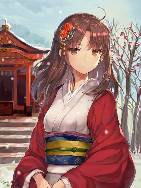 Anime picture 757x1010 with kara no kyoukai type-moon ryougi shiki momoko (momopoco) single long hair tall image looking at viewer brown hair brown eyes traditional clothes japanese clothes new year girl hair ornament kimono obi kanzashi