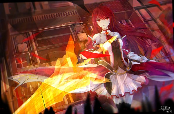 Anime picture 1800x1182 with elsword elesis (elsword) grand master (elsword) bai qi-qsr single long hair looking at viewer fringe highres open mouth red eyes standing signed red hair braid (braids) parted lips zettai ryouiki glowing glowing eye (eyes) pale skin