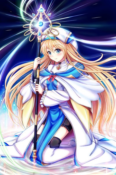 Anime-Bild 1012x1516 mit goblin slayer! priestess (goblin slayer!) zen mine single long hair tall image blush fringe breasts blue eyes blonde hair smile hair between eyes holding looking away full body bent knee (knees) long sleeves wide sleeves thighs