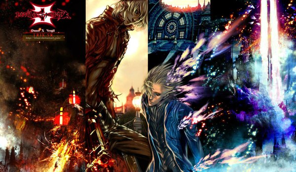 Anime picture 1407x822 with devil may cry dante (devil may cry) vergil trixriot fringe wide image white hair hair over one eye destruction boy weapon gun cloak fire castle