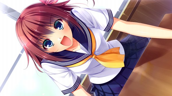 Аниме картинка 1280x720 с suika niritsu (game) короткие волосы открытый рот голубые глаза широкое изображение game cg красные волосы девушка сэрафуку