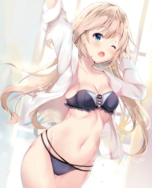 Anime picture 647x800 with original suihi single long hair tall image looking at viewer blush fringe breasts open mouth blue eyes light erotic blonde hair hair between eyes standing signed payot cleavage indoors one eye closed
