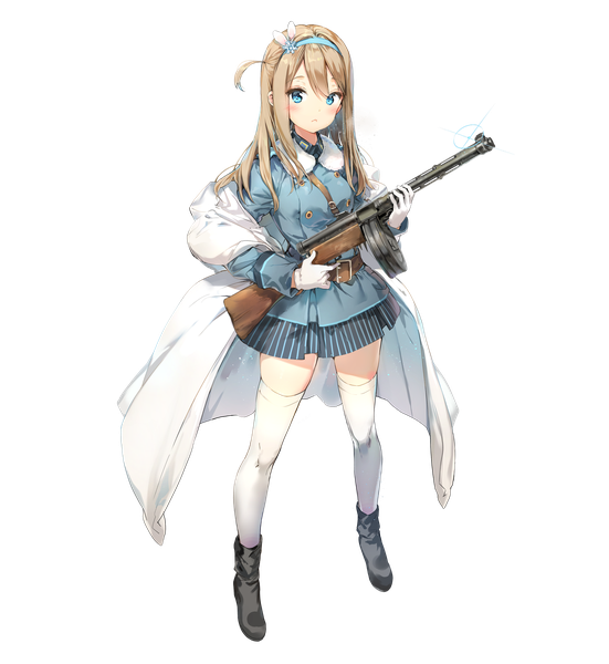 Anime picture 2000x2177 with girls frontline suomi kp31 (girls frontline) anmi single long hair tall image looking at viewer blush fringe highres blue eyes blonde hair hair between eyes standing holding full body pleated skirt official art zettai ryouiki fur trim