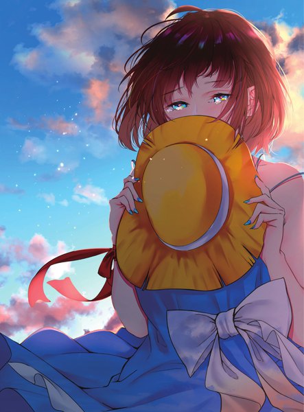 Anime picture 1419x1920 with original saitou (lynx-shrike) single tall image looking at viewer blush fringe short hair blue eyes brown hair standing holding sky cloud (clouds) outdoors nail polish fingernails wind scan tears