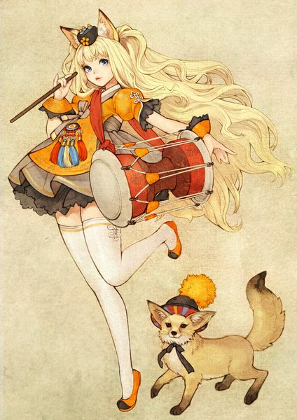 Anime picture 650x920 with vocaloid seeu obsidian long hair tall image fringe blue eyes blonde hair simple background holding animal ears bent knee (knees) light smile fox ears leg lift (legs lift) girl thighhighs dress animal white thighhighs