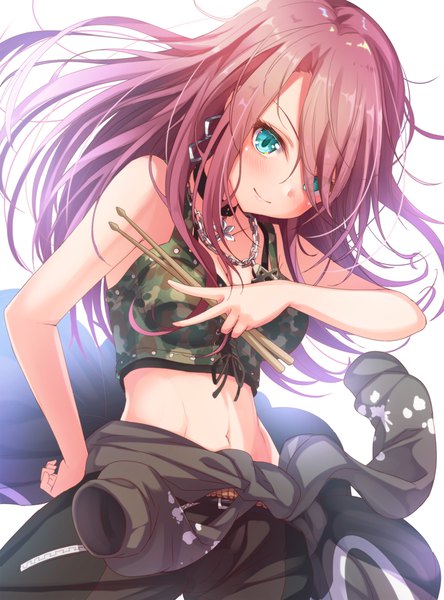 Anime picture 780x1052 with bang dream! udagawa tomoe matokechi single long hair tall image blush fringe simple background smile white background bare shoulders holding purple hair head tilt aqua eyes hair over one eye midriff hand on hip victory