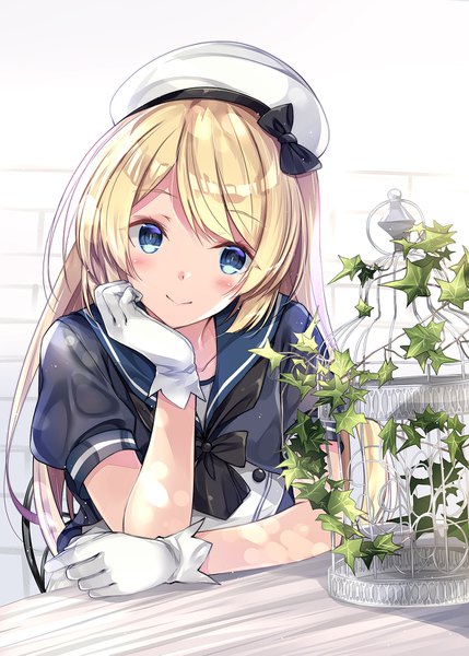 Anime picture 1110x1553 with kantai collection jervis (kantai collection) kobayashi chisato single long hair tall image looking at viewer blush blue eyes blonde hair smile sitting head tilt chin rest girl gloves uniform serafuku white gloves beret