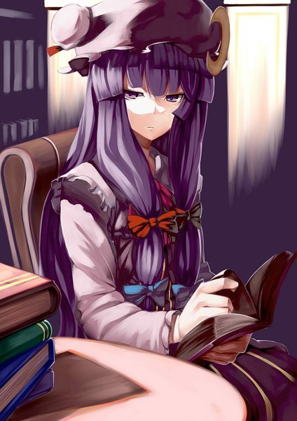 Anime picture 744x1053 with touhou patchouli knowledge scottie (phantom2) single long hair tall image looking at viewer fringe sitting purple eyes purple hair girl bow hair bow book (books) bonnet