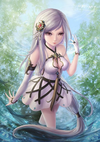 Anime picture 595x842 with original simi single tall image breasts red eyes bare shoulders sky silver hair very long hair reflection girl dress gloves hair ornament plant (plants) detached sleeves water white gloves white dress