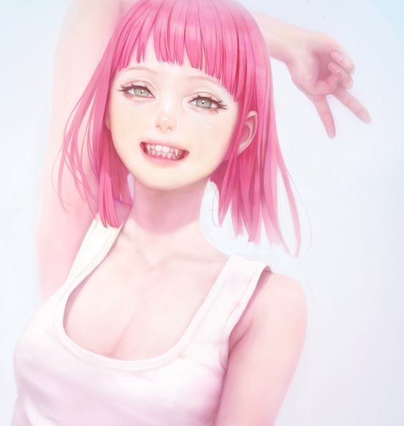 Anime picture 787x830 with original mujiha (mlog) single tall image looking at viewer blush fringe short hair simple background smile pink hair cleavage blunt bangs arm up realistic teeth armpit (armpits) grey eyes fang (fangs) shiny skin