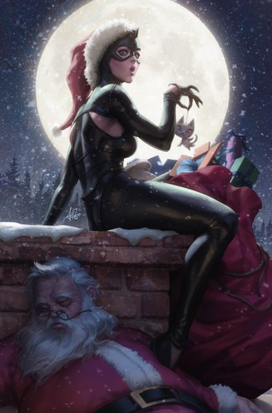 Anime-Bild 856x1300 mit batman dc comics santa claus cat woman artgerm (stanley lau) long hair tall image looking at viewer open mouth sitting signed silver hair outdoors eyes closed lips realistic night arm support :o grey eyes