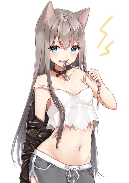 Anime-Bild 800x1130 mit original nazuna shizuku single long hair tall image blush fringe open mouth blue eyes light erotic simple background hair between eyes standing white background bare shoulders holding animal ears payot looking away cleavage