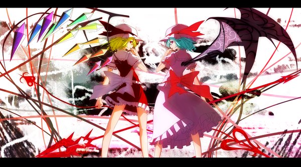 Anime picture 2880x1600 with touhou flandre scarlet remilia scarlet kusakanmuri highres short hair blonde hair red eyes wide image standing multiple girls blue hair profile letterboxed siblings sisters vampire girl dress weapon