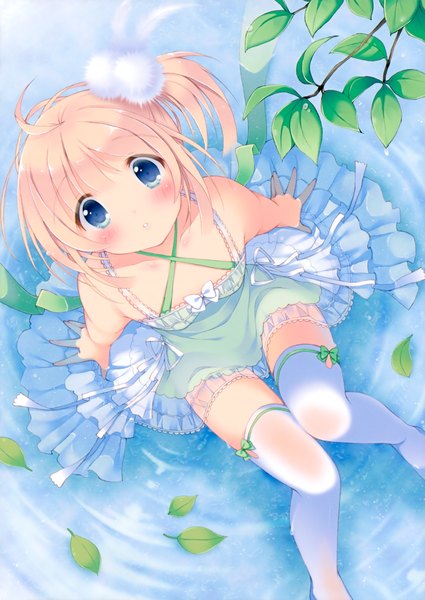 Anime picture 2125x3000 with original pan (mimi) single tall image looking at viewer blush highres short hair blue eyes blonde hair sitting bare shoulders side ponytail looking up girl thighhighs dress white thighhighs water leaf (leaves)