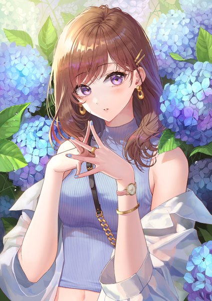 Anime picture 2121x3000 with original okuma mai single long hair tall image blush fringe highres brown hair purple eyes bare shoulders looking away upper body nail polish parted lips off shoulder arms up revision blue nail polish fingers together