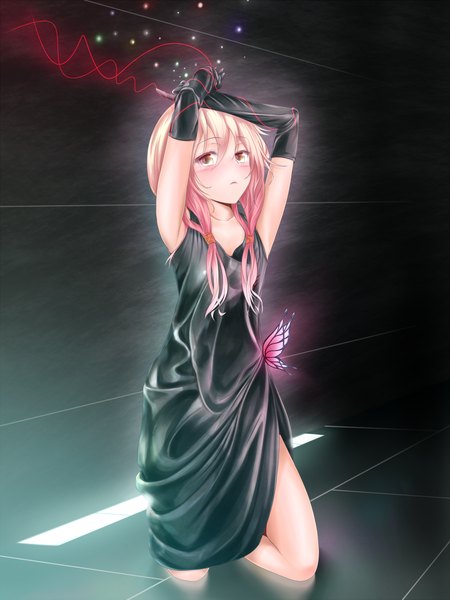 Anime-Bild 1200x1600 mit guilty crown production i.g yuzuriha inori wingheart single long hair tall image blush red eyes pink hair arms up kneeling girl dress gloves elbow gloves black dress insect butterfly