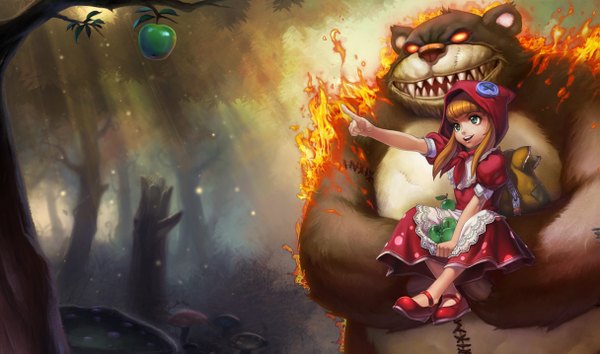Anime picture 1215x717 with league of legends annie (league of legends) shaco (league of legends) open mouth red eyes wide image sitting holding green eyes light smile teeth fang (fangs) outstretched arm girl dress plant (plants) tree (trees) boots red dress fire