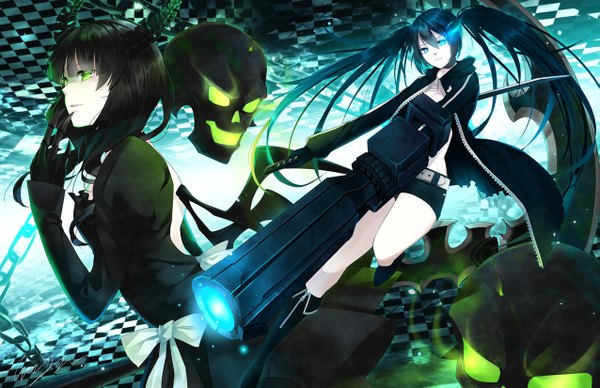 Anime picture 1275x825 with black rock shooter black rock shooter (character) tooaya long hair blue eyes black hair twintails multiple girls green eyes horn (horns) glowing glowing eye (eyes) girl weapon 2 girls sword shorts katana skull scythe