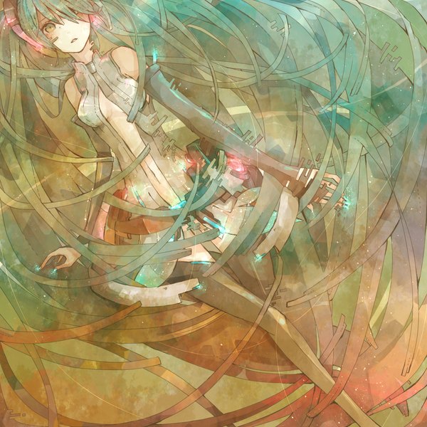 Anime picture 1280x1280 with vocaloid hatsune miku mizutamari tori single looking at viewer fringe open mouth green eyes very long hair green hair hair over one eye girl thighhighs navel detached sleeves necktie headphones