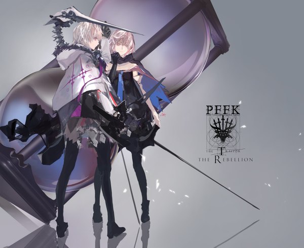 Anime picture 1500x1227 with original pixiv fantasia pixiv fantasia fallen kings paradise (character) lin+ looking at viewer short hair multiple girls signed silver hair pink eyes looking back dual persona logo girl thighhighs weapon 2 girls petals sword