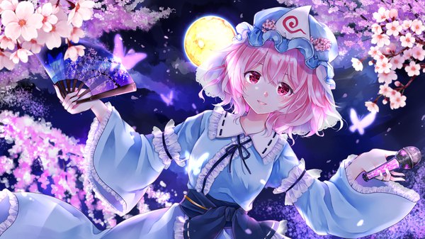 Anime picture 3840x2160 with touhou saigyouji yuyuko yurara (aroma42enola) single looking at viewer highres short hair wide image pink hair absurdres pink eyes night dutch angle cherry blossoms girl hat frills insect butterfly moon