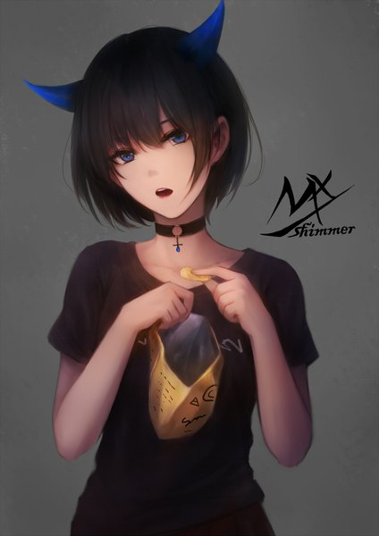 Anime picture 1488x2104 with original shimmer single tall image looking at viewer fringe short hair breasts open mouth blue eyes black hair simple background hair between eyes standing holding signed upper body head tilt pleated skirt grey background