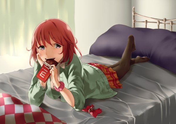 Anime picture 4092x2893 with original keidai single looking at viewer highres purple eyes absurdres red hair eating girl skirt pantyhose food sweets pillow bed sweater chocolate