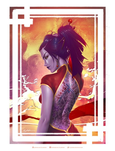 Anime picture 1080x1417 with overwatch blizzard entertainment widowmaker (overwatch) krysdecker (krystopher decker) single long hair tall image looking at viewer smile signed yellow eyes purple hair upper body ponytail traditional clothes profile from behind short sleeves turning head chinese clothes