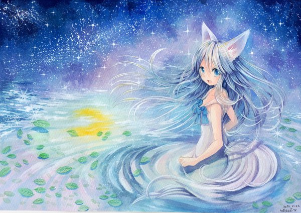 Anime picture 1500x1061 with original mosho single long hair looking at viewer blush open mouth blue eyes signed animal ears blue hair wind night reflection crescent traditional media watercolor (medium) girl dress leaf (leaves)