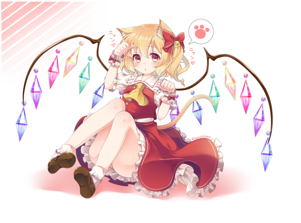 Anime picture 1280x951 with touhou flandre scarlet haruki (colorful macaron) single looking at viewer blush fringe short hair light erotic blonde hair hair between eyes red eyes white background animal ears full body tail parted lips animal tail arm up cat ears