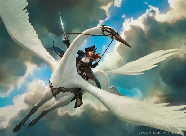 Anime picture 1200x877 with original jason chan long hair open mouth sky cloud (clouds) red hair black eyes flying girl gloves weapon hat animal sword wings cap