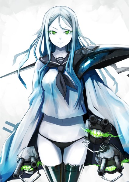 Anime picture 800x1132 with kantai collection ta-class battleship nosuku single long hair tall image looking at viewer light erotic simple background smile white background green eyes white hair girl thighhighs navel underwear panties weapon black thighhighs