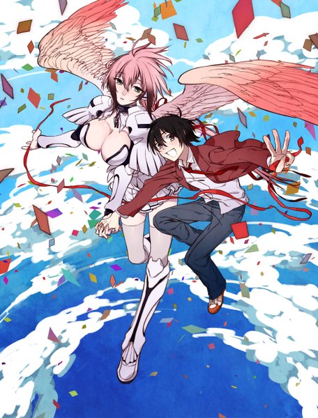 Anime picture 1000x1315 with sora no otoshimono ikaros sakurai tomoki rururara tall image looking at viewer breasts light erotic large breasts green eyes pink hair sky cloud (clouds) holding hands spread arms flying girl thighhighs boy ribbon (ribbons)