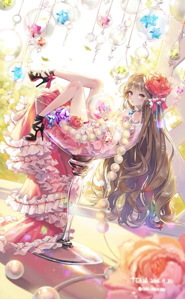 Anime-Bild 1000x1616 mit original tena single tall image looking at viewer blush fringe breasts brown hair holding signed cleavage full body lying very long hair parted lips pink eyes hair flower blurry sparkle