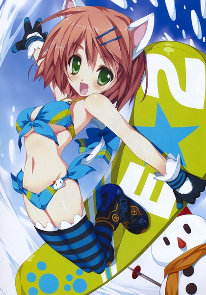 Anime picture 2210x3156 with original shimesaba kohada single tall image looking at viewer blush highres short hair breasts open mouth light erotic brown hair green eyes animal ears tail :d animal tail scan girl thighhighs
