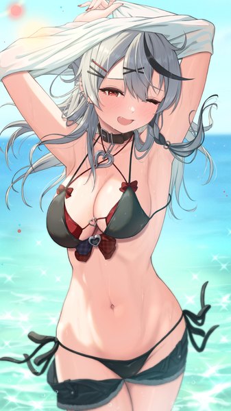 Anime picture 1080x1920 with virtual youtuber hololive sakamata chloe bowsan single long hair tall image looking at viewer blush fringe breasts open mouth light erotic red eyes large breasts standing sky outdoors braid (braids) nail polish