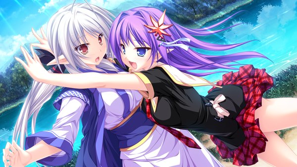 Anime picture 1920x1080 with maikaze no melt suzu (suzukaze no melt) kureha (maikaze no melt) tenmaso long hair highres open mouth blue eyes red eyes wide image multiple girls game cg purple hair white hair pointy ears girl 2 girls serafuku